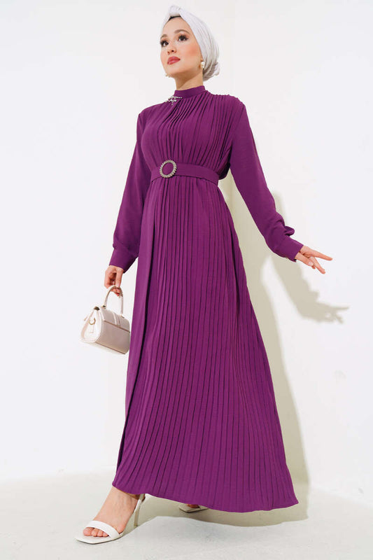 Pleated Belted Dress - Purple