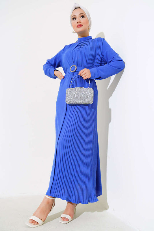 Pleated Belted Dress - Sax