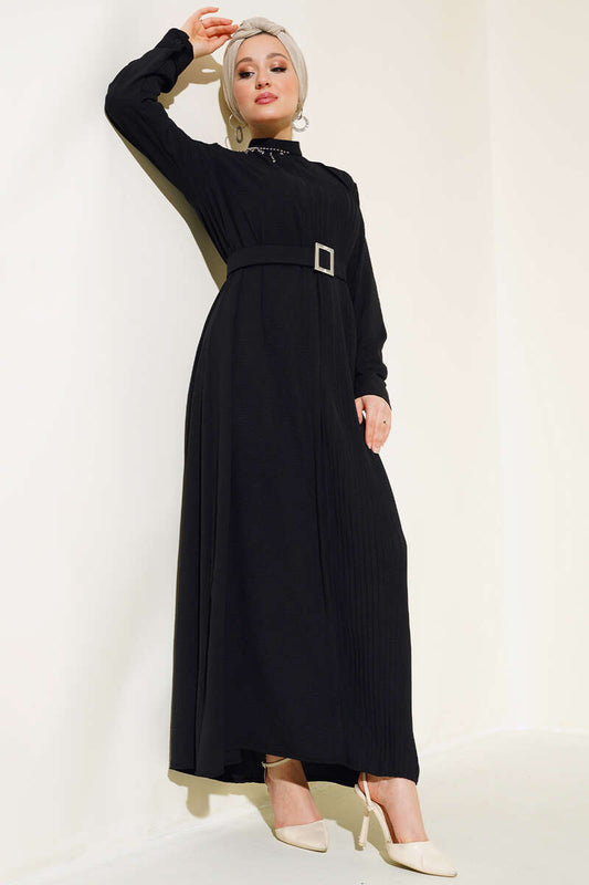 Pleated Belted Dress - Black