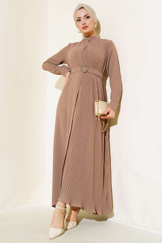 Pleated Belted Dress - Mink