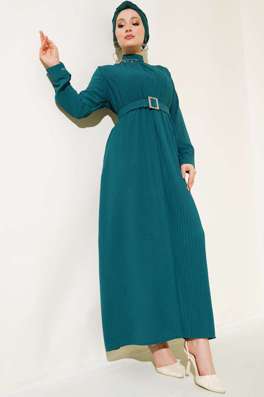 Pleated Belted Dress - Emerald