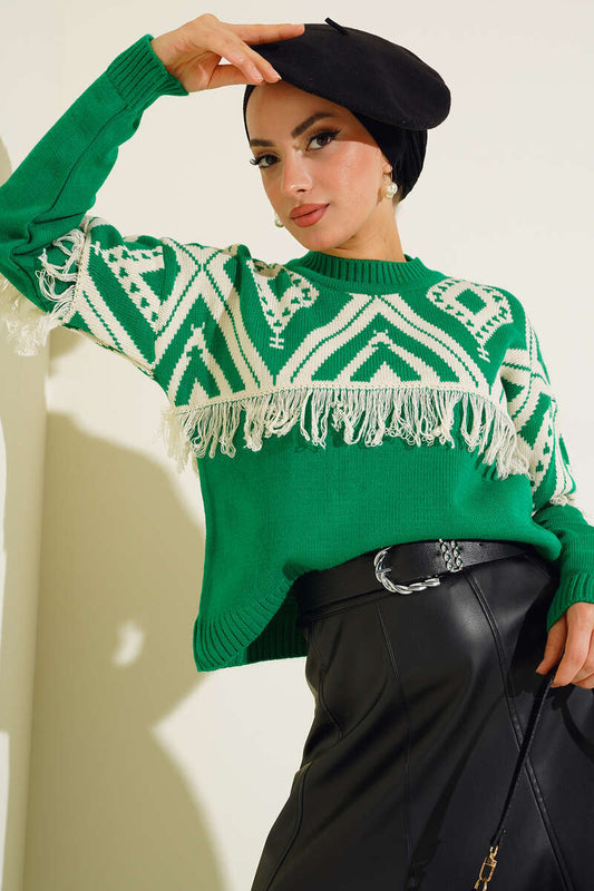 Tasseled Ethnic Patterned Knitwear Sweater Green