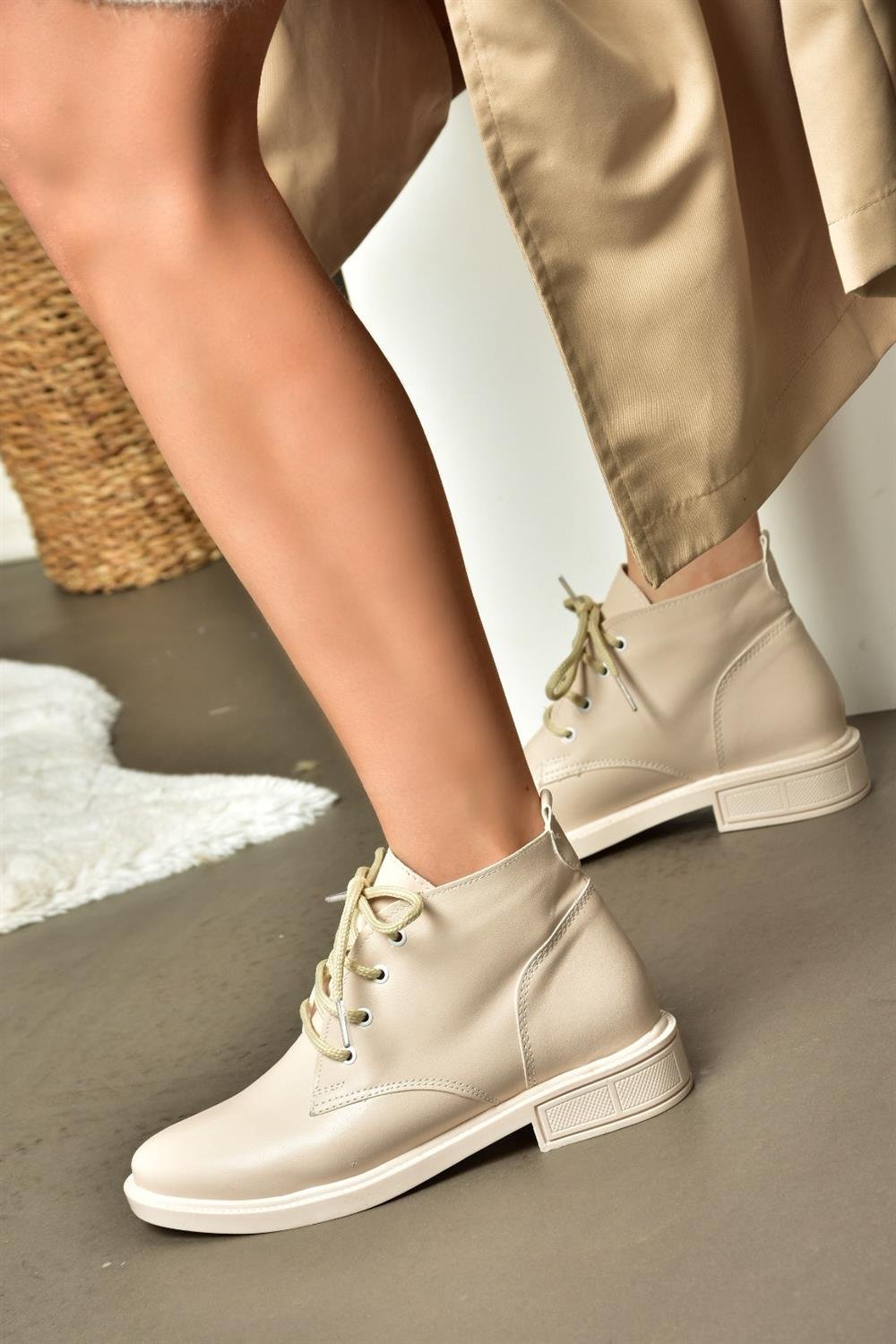 Beige Leather Classic Women's Boots