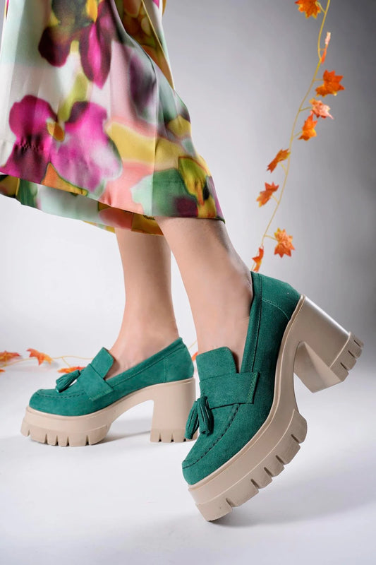 Women's Heeled Loafer - Green Suede