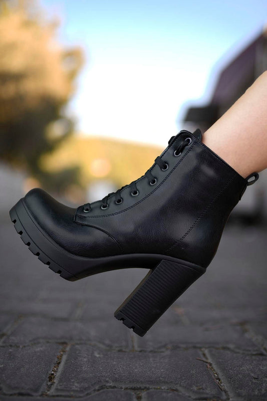 Women's High Heel Leather Boots - Black