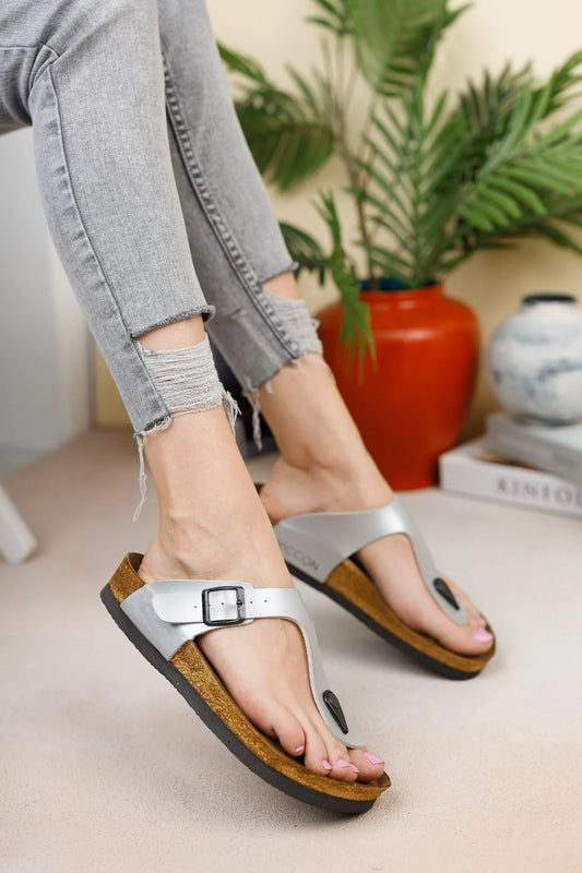 Women's Leather Slippers - Silver