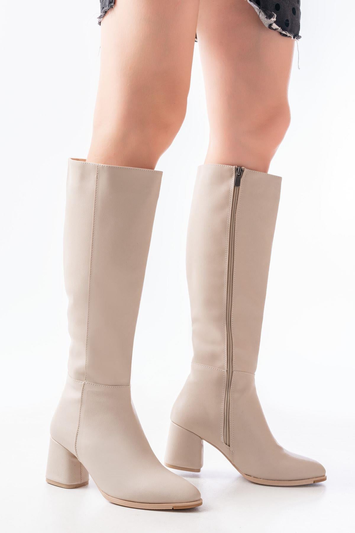 Beige Heeled Zippered Daily Women's Boots