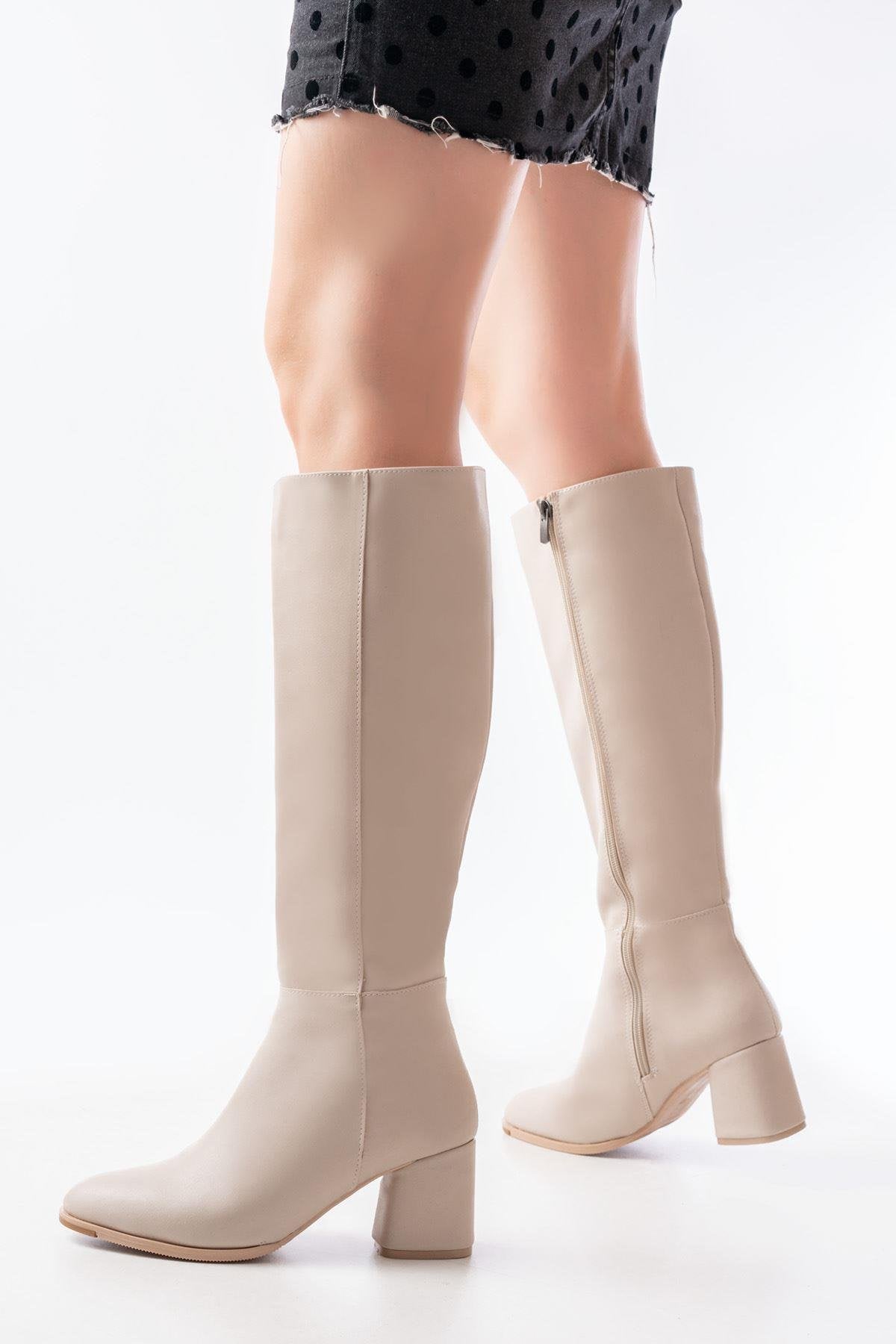 Beige Heeled Zippered Daily Women's Boots