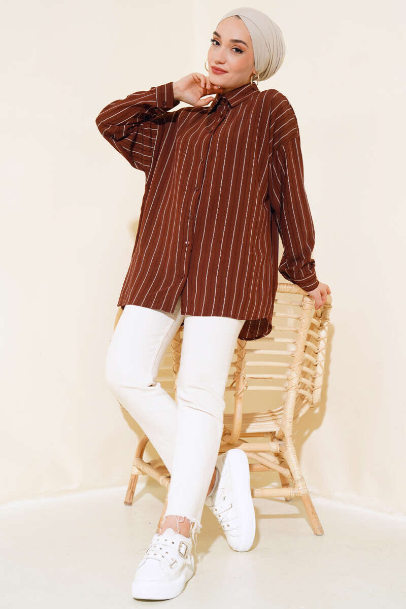 Woman's Casual Striped Shirt - Brown