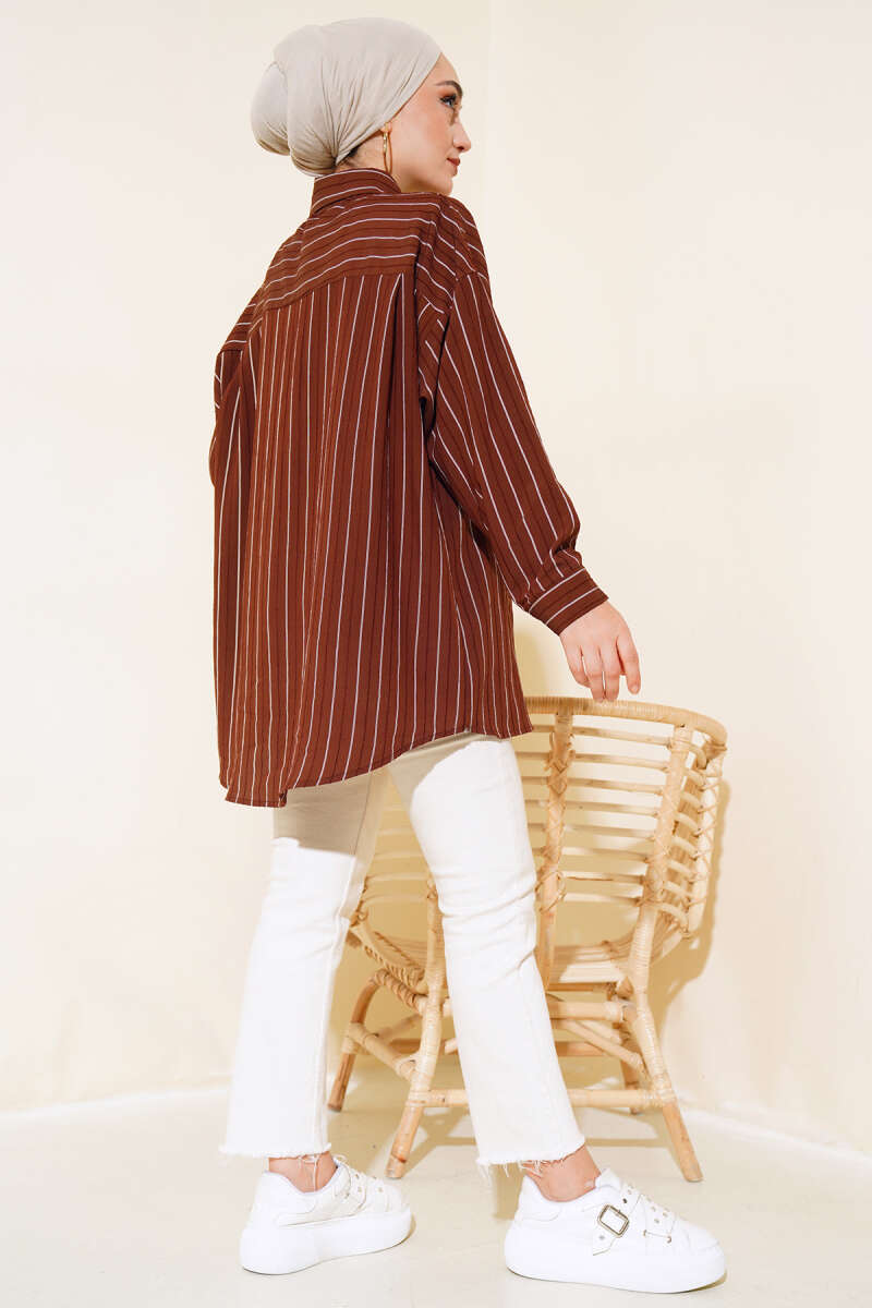 Woman's Casual Striped Shirt - Brown