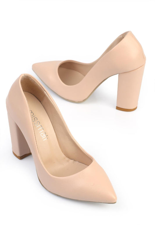 Women's Stiletto Thick Heeled Shoes Beige Leather