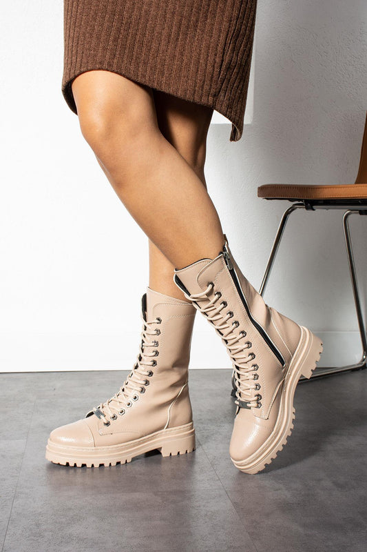 Women's Lace-Up Wrinkled Beige Leather Boots