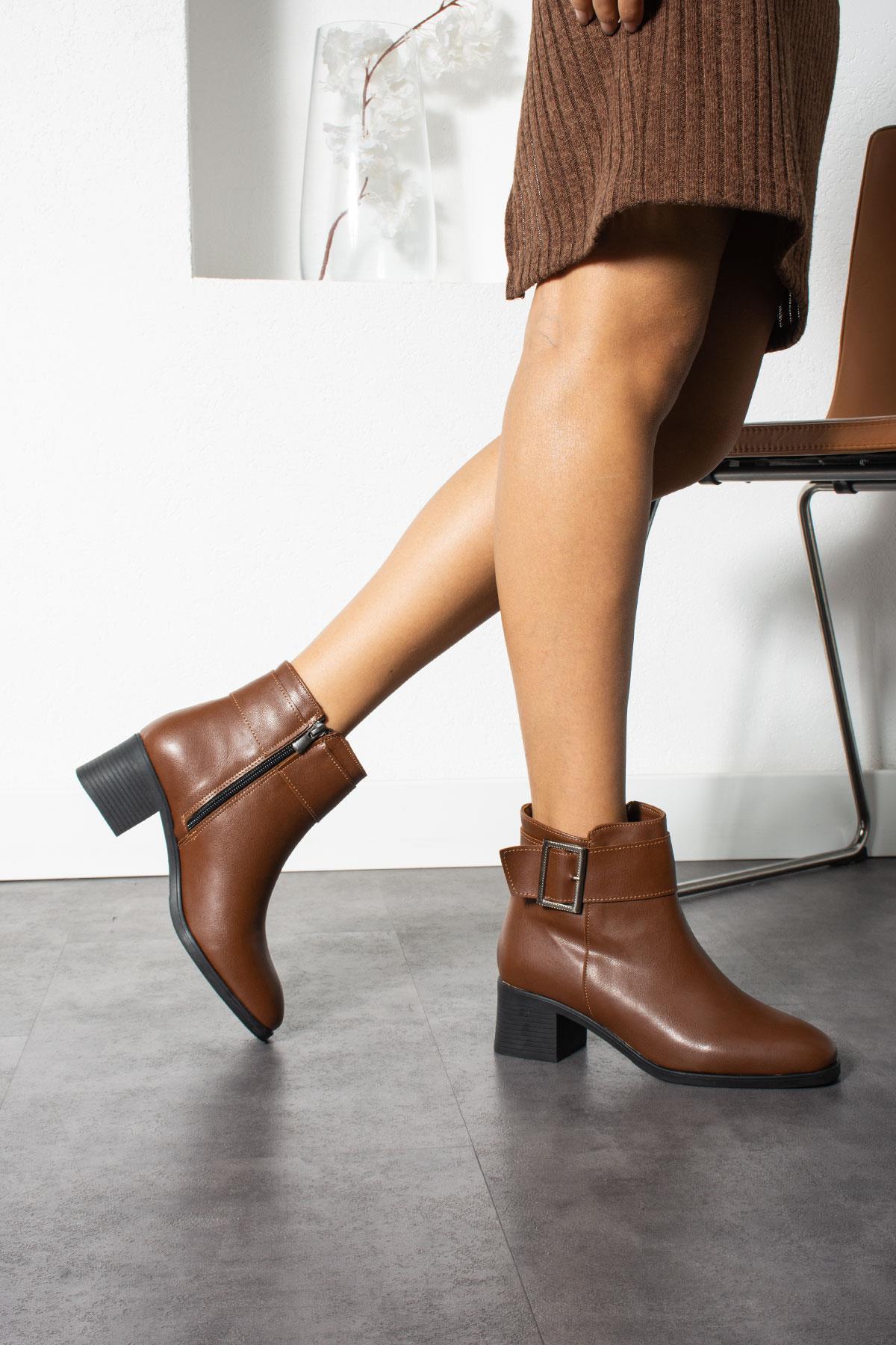 Women's Zippered Buckled Tan Leather Boots