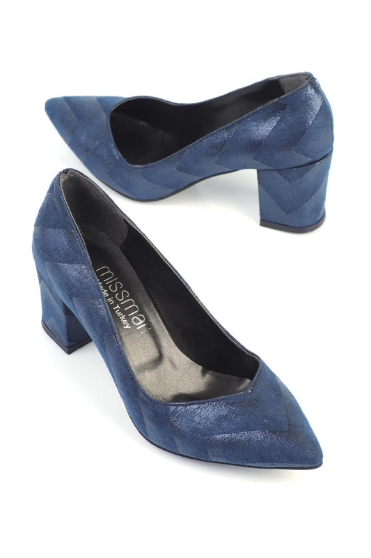 Women's Stiletto Thick Heeled Shoes Patterned Navy Blue