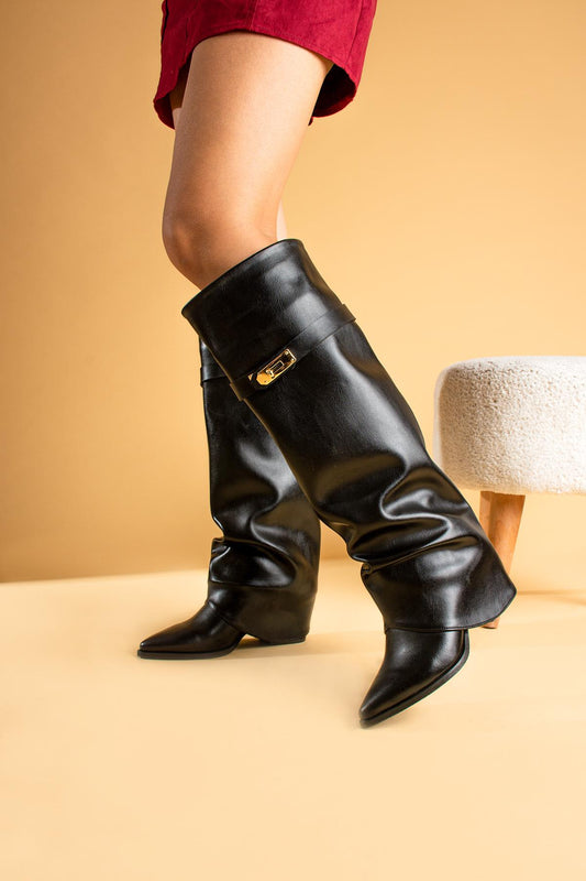 Women's Boots Bellows Belt Buckle Black Leather