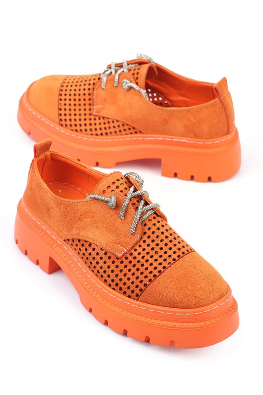 Women's Ballerina Stone Lace-up Shoes Orange Leather