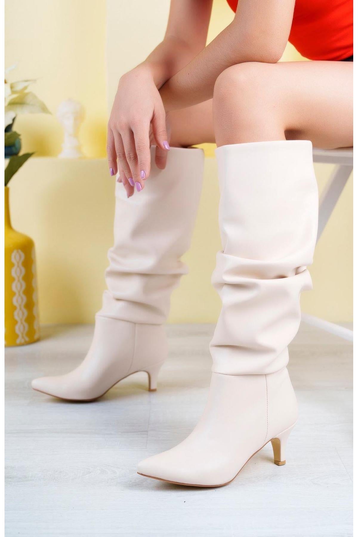 Beige Bellows Heeled Daily Women's Boots