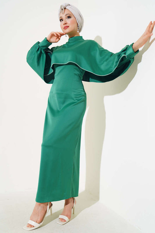 Stone Detailed Cape Dress - Green