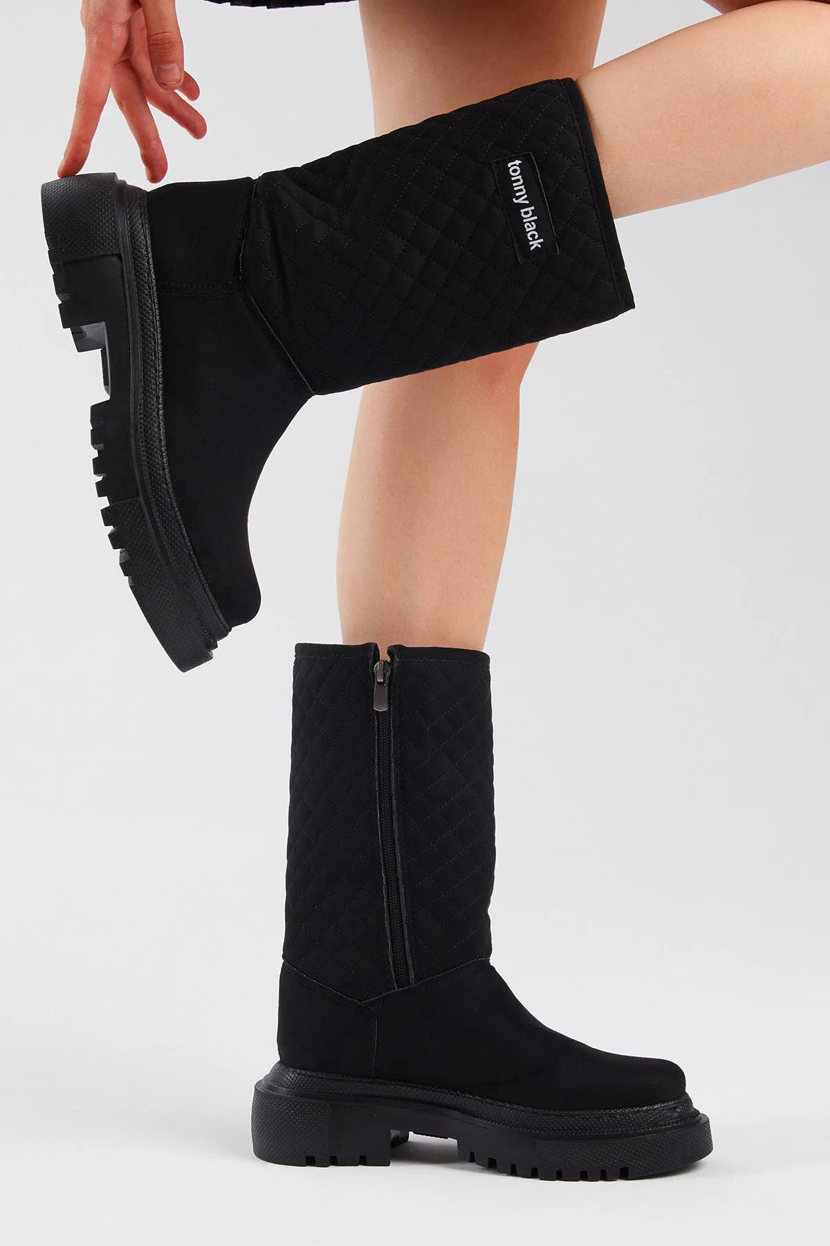 Women's Black Suede Quilted Patterned Comfortable Long Boots