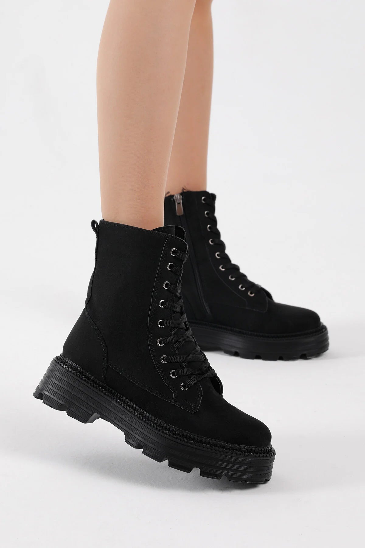 Women's Black Suede Poly Sole Comfortable Lace-Up Boots