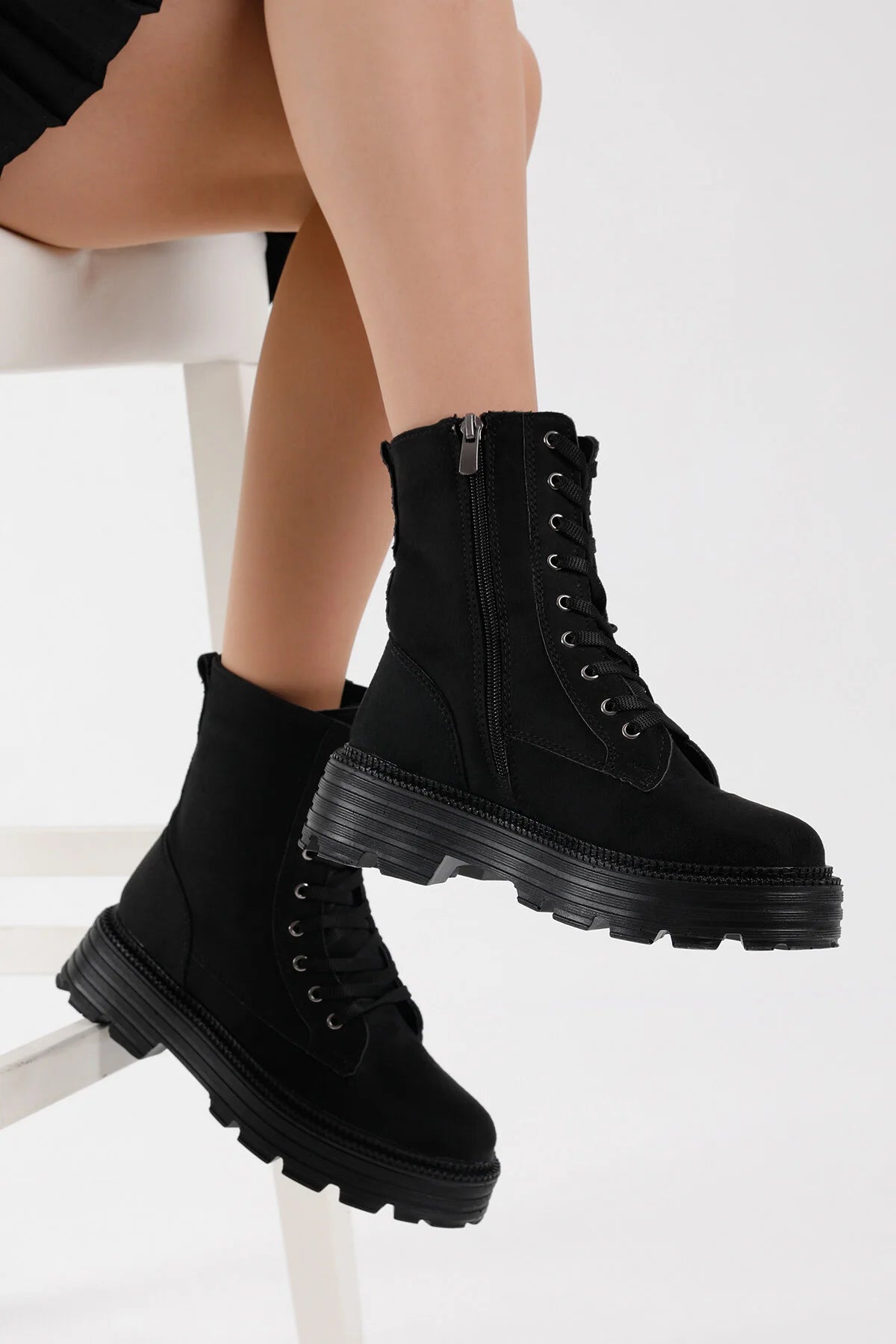 Women's Black Suede Poly Sole Comfortable Lace-Up Boots