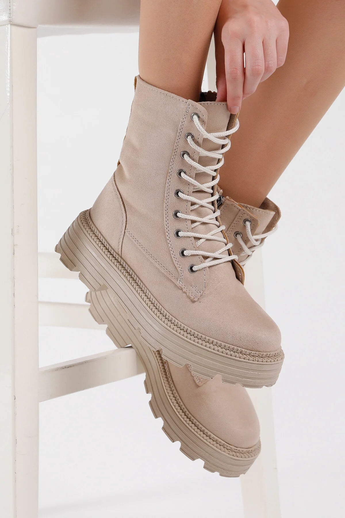 Women's Cream Suede Poly Sole Comfortable Lace-Up Boots