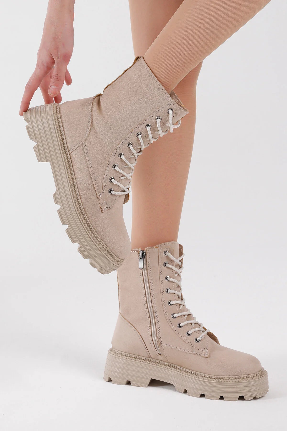 Women's Cream Suede Poly Sole Comfortable Lace-Up Boots