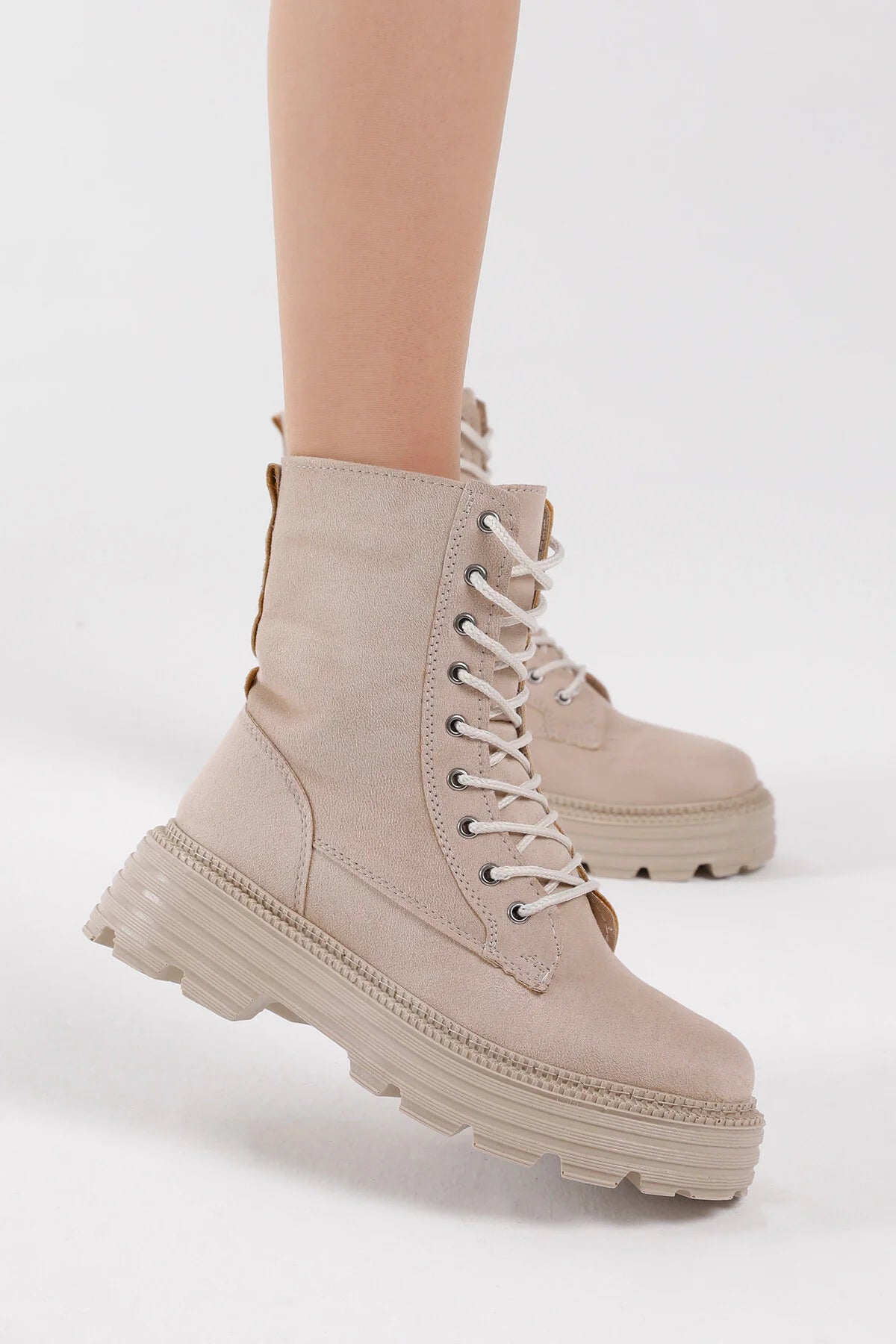 Women's Cream Suede Poly Sole Comfortable Lace-Up Boots