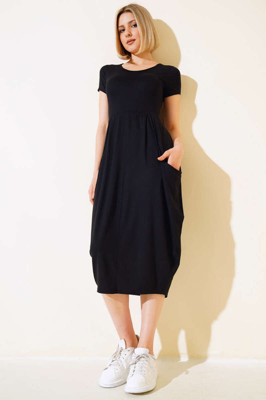 Bag Pocket Short Sleeve Dress - Black