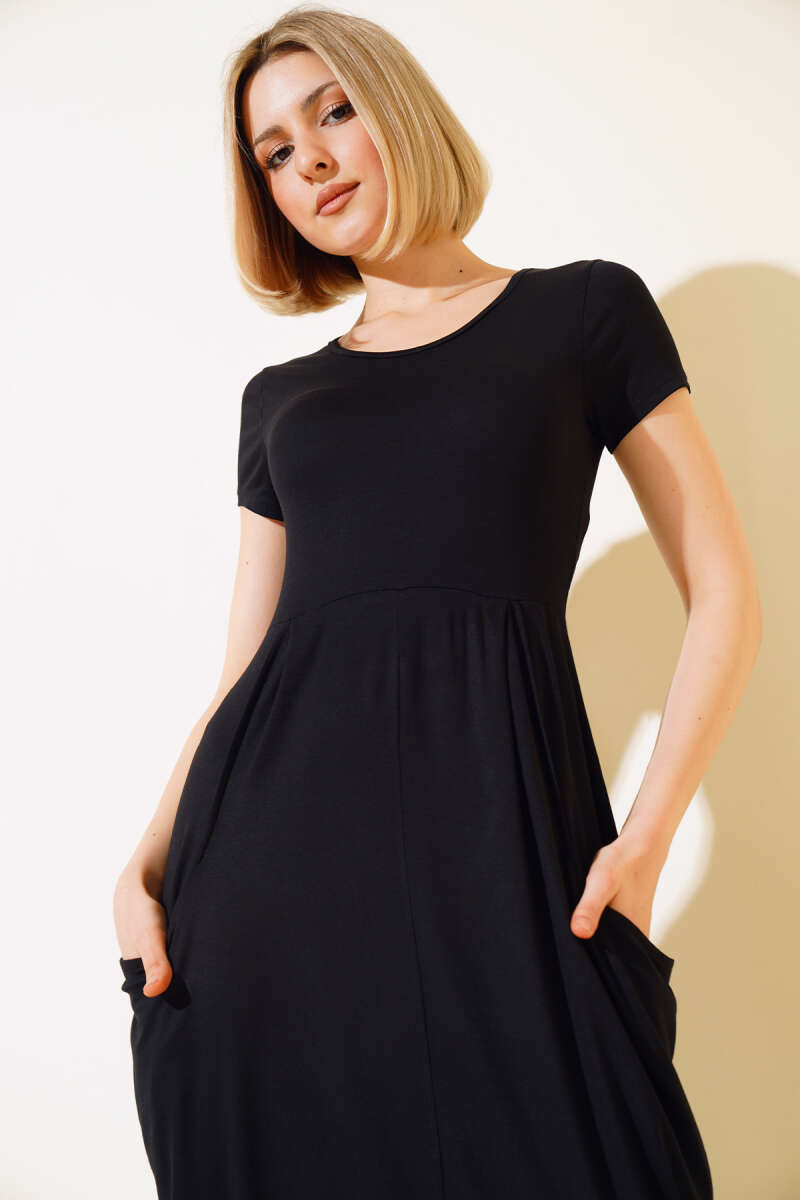 Bag Pocket Short Sleeve Dress - Black