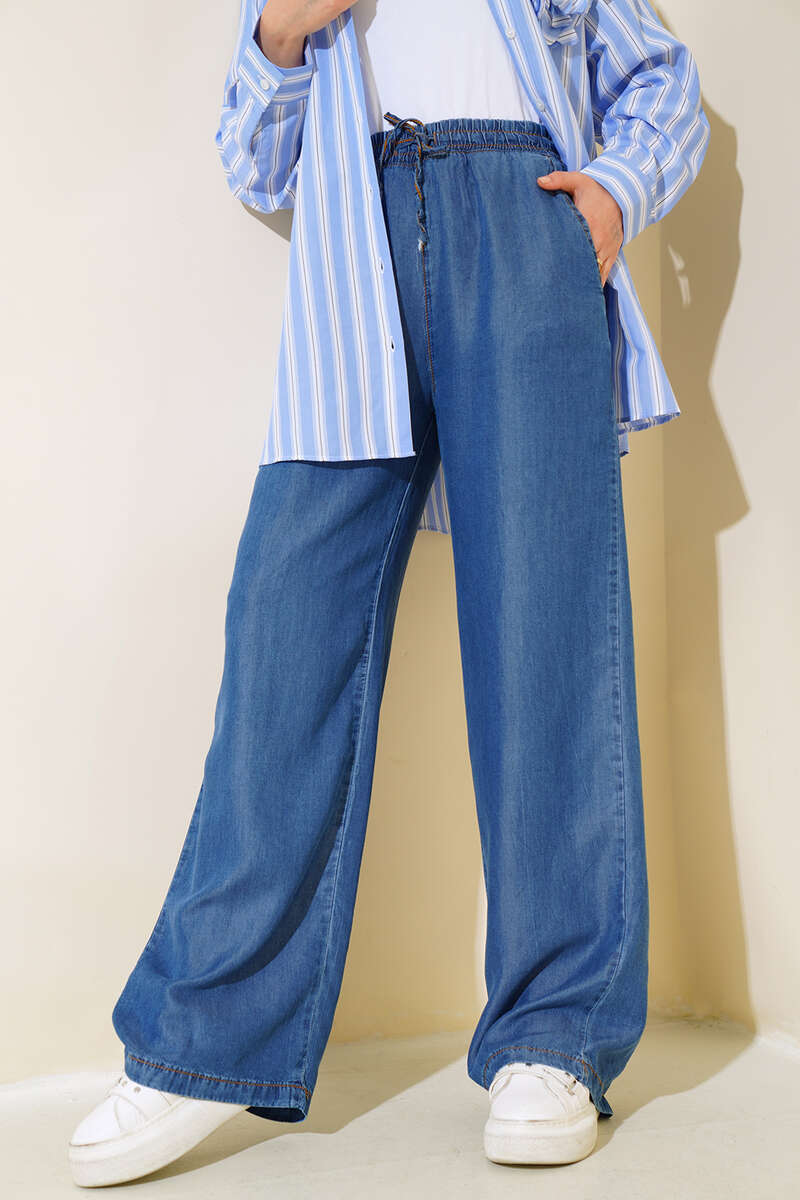 Long Casual Elastic Waist Jeans Dark Blue