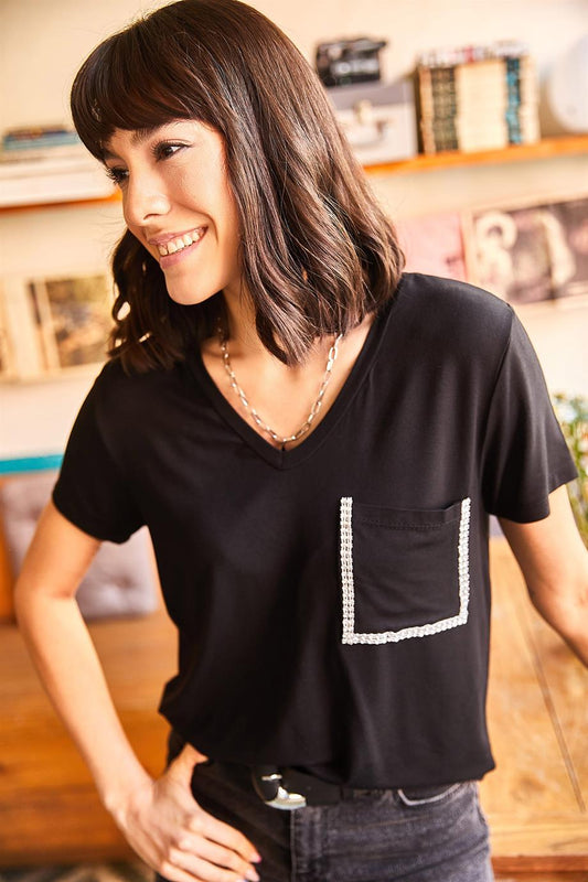 V Neck Pocket Detailed Knitted T-Shirt Black