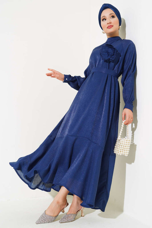 Flounced Shiny Dress - Navy Blue