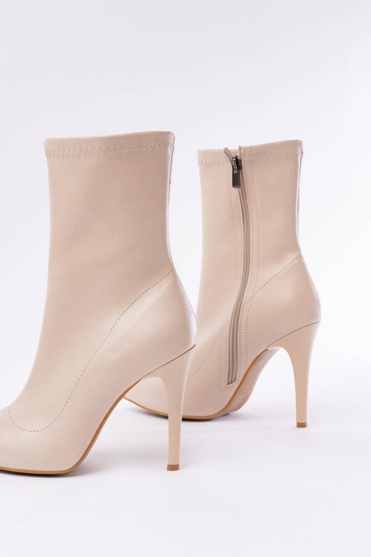 Beige High Thin Heel Zippered Women's Boots