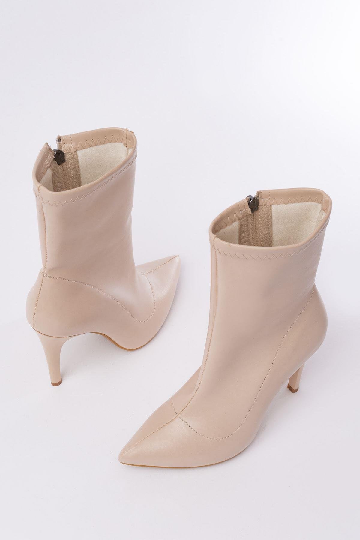 Beige High Thin Heel Zippered Women's Boots