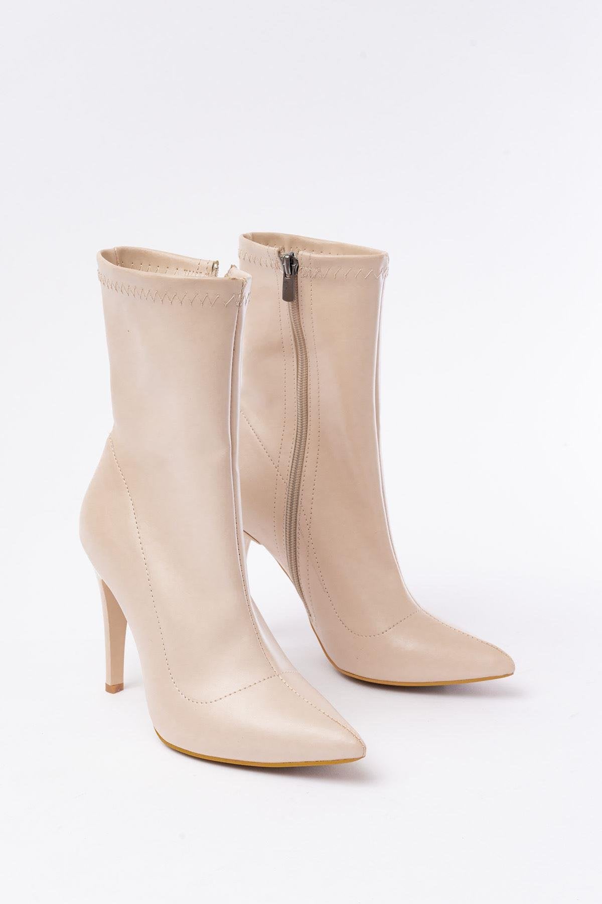 Beige High Thin Heel Zippered Women's Boots