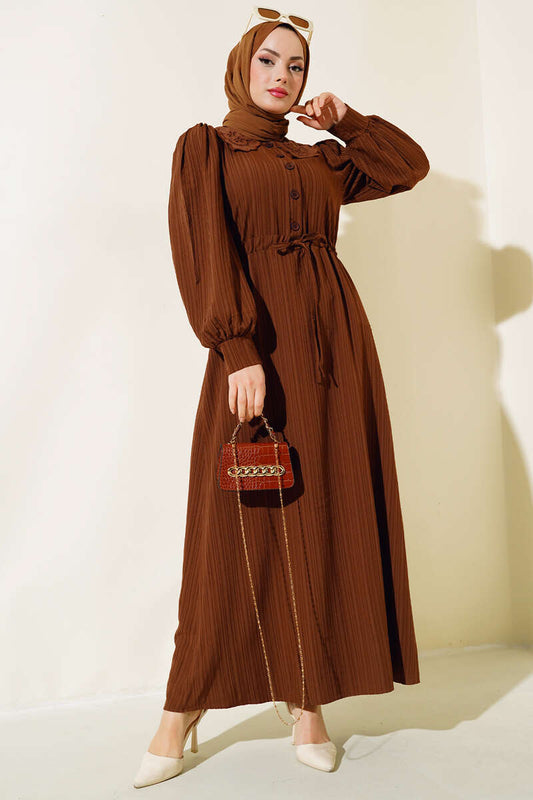 Lace Collar Waist Tunnel Dress - Brown