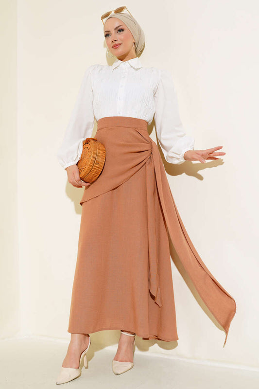 Women's Side Tie Linen Skirt - Tan