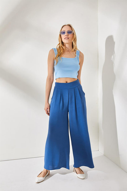 Side Zippered Pockets Pleated Detail Flowy Trousers Indigo