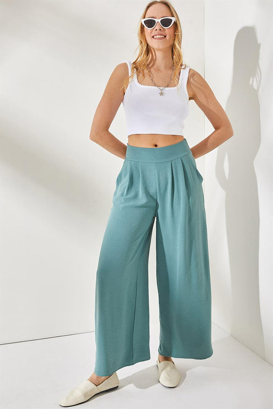 Side Zippered Pockets Pleated Detail Flowy Trousers Green