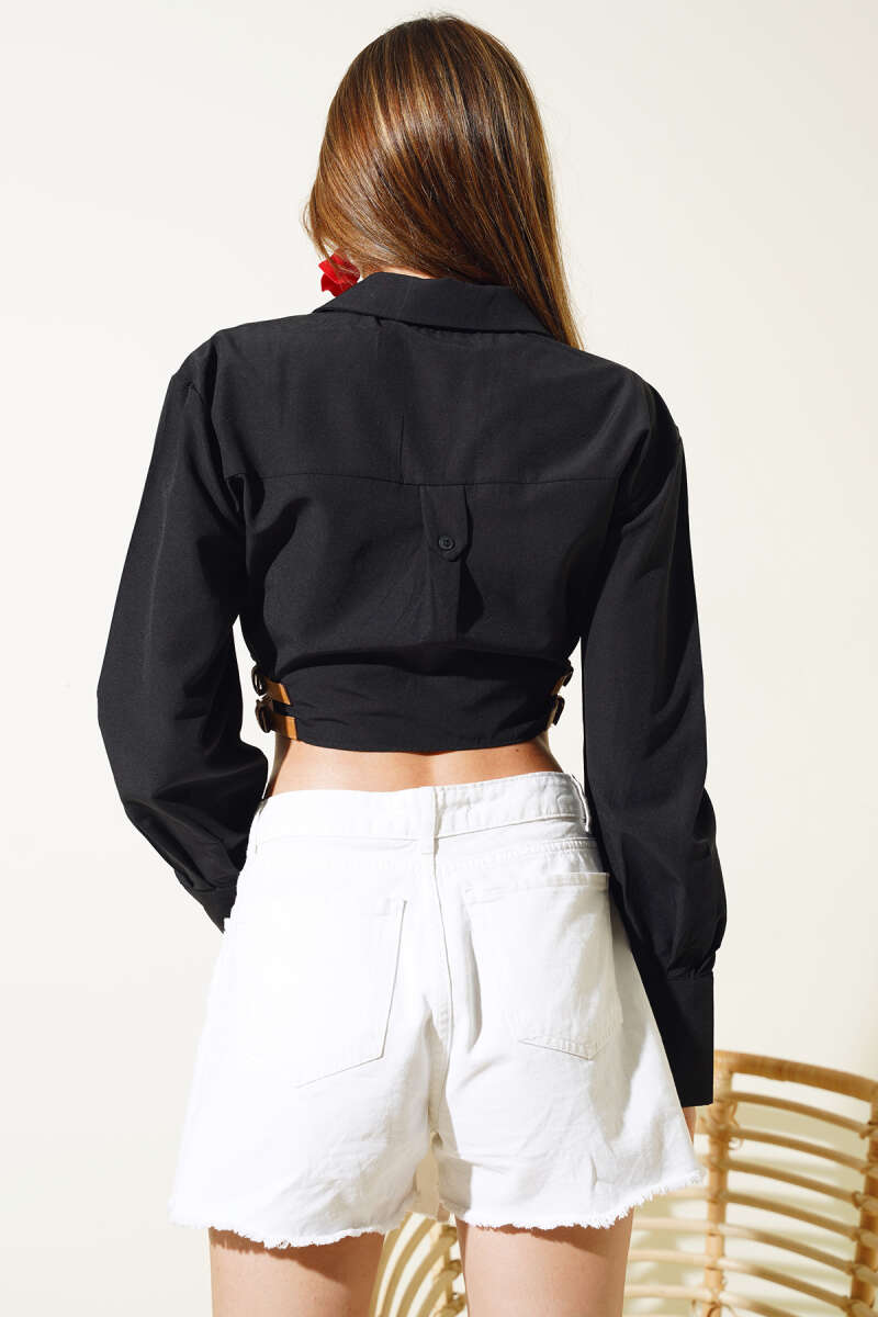 Crop Shirt with Side Belt - Black