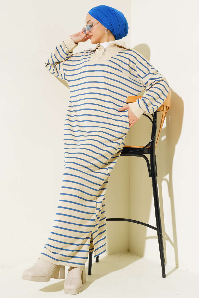 Half Zipper Striped Casual Dress Indigo