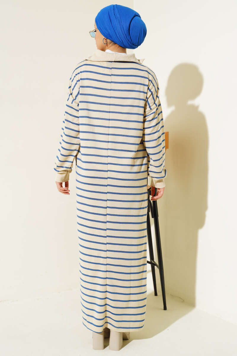 Half Zipper Striped Casual Dress Indigo