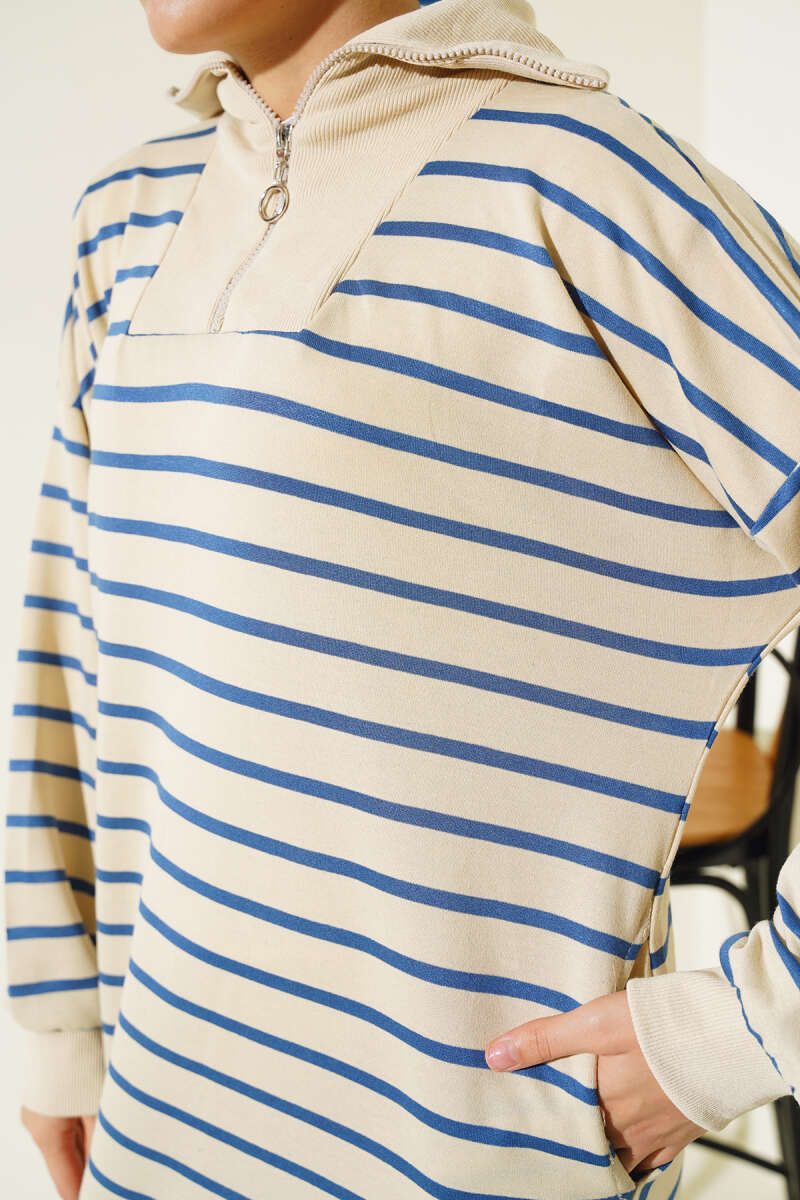 Half Zipper Striped Casual Dress Indigo