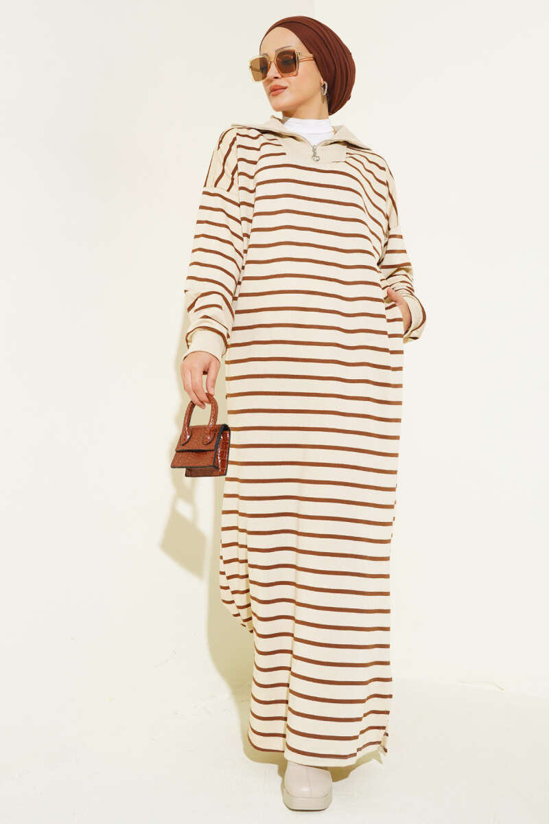 Half Zipper Striped Casual Dress Brown