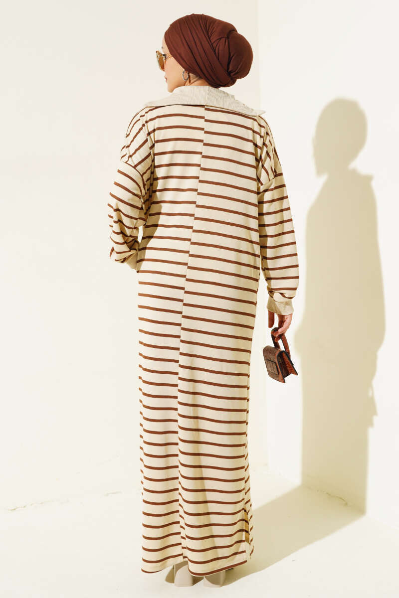 Half Zipper Striped Casual Dress Brown