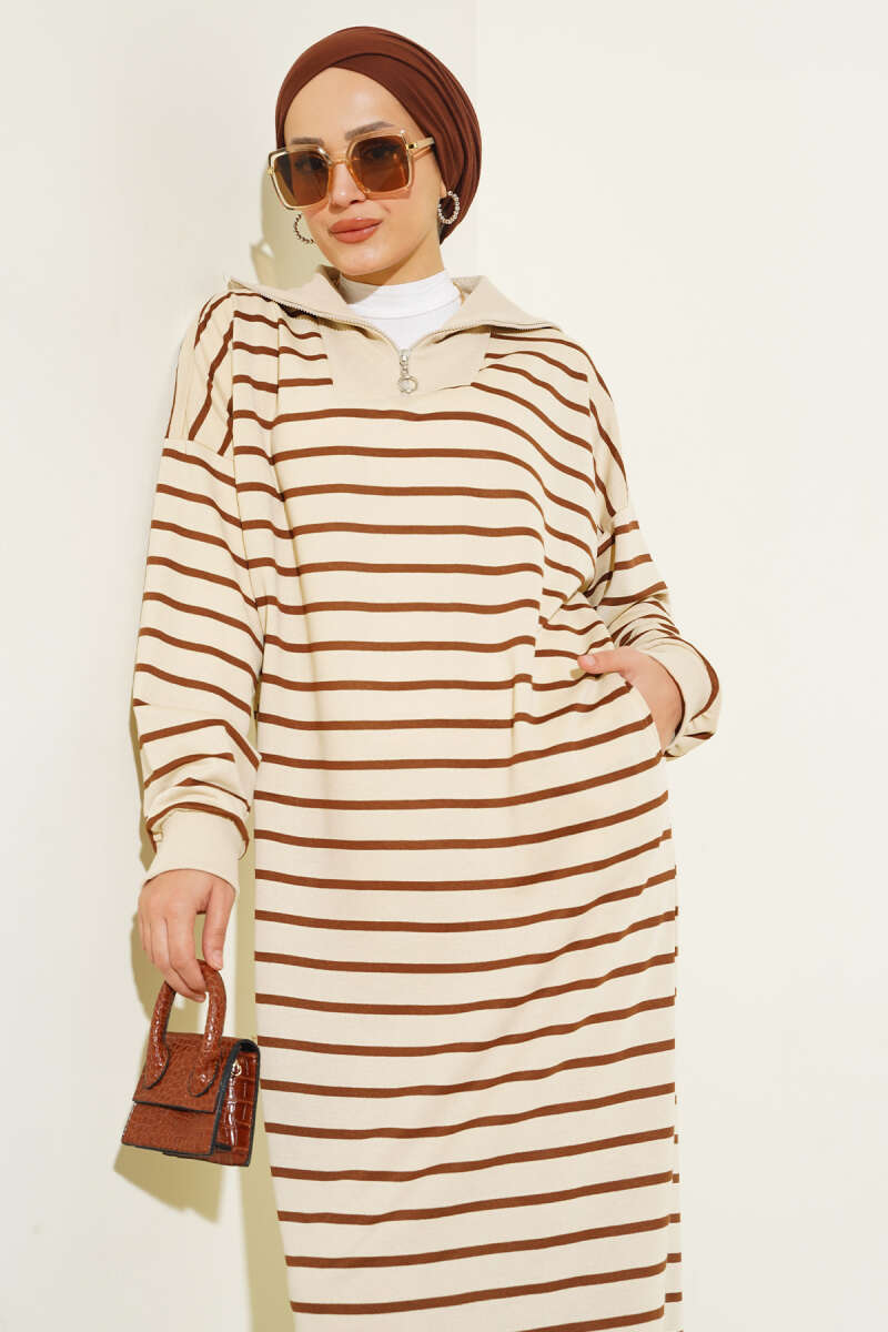 Half Zipper Striped Casual Dress Brown