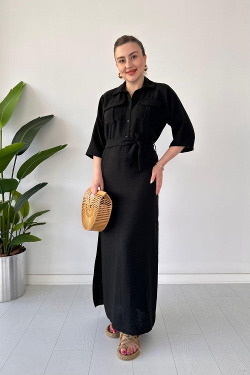 Slit Linen Dress Black