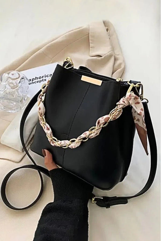 Women's Shoulder Bag with Scarf and Chain Strap - Black