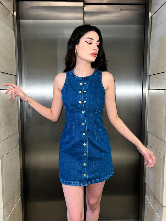 Short Blue Denim Dress With Snaps